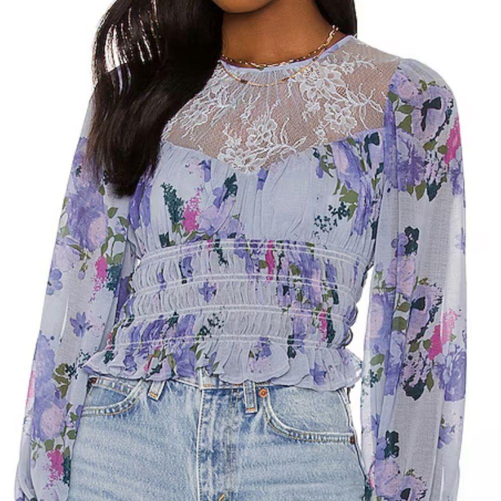 NWT Free People Daphne Blouse in Silver Blue Combo - Size Small